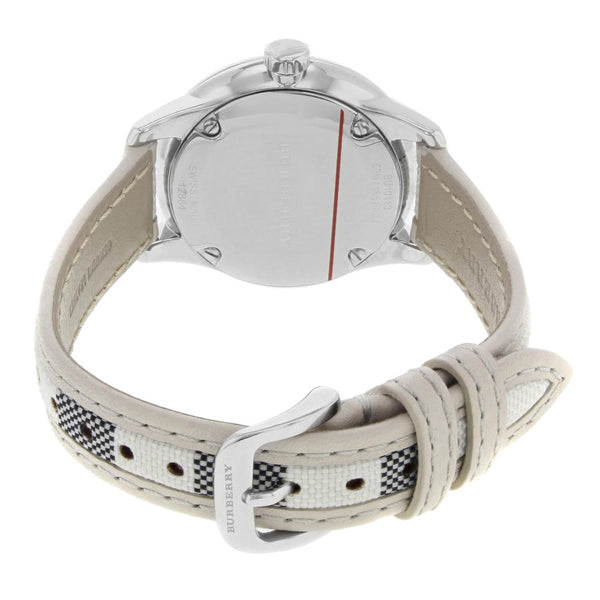 Caseback view of Burberry watch showing leather strap and case details