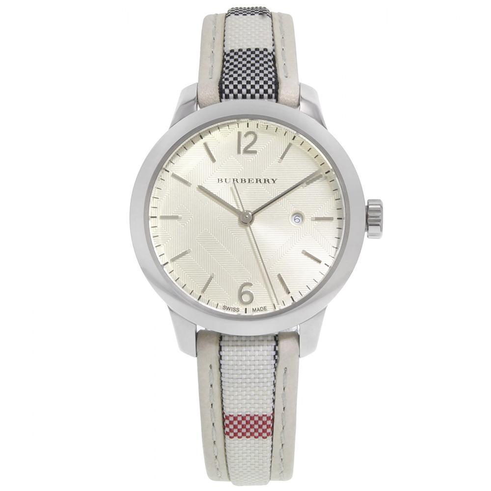 Burberry silver women's watch with cream dial, Arabic numerals, and patterned leather strap