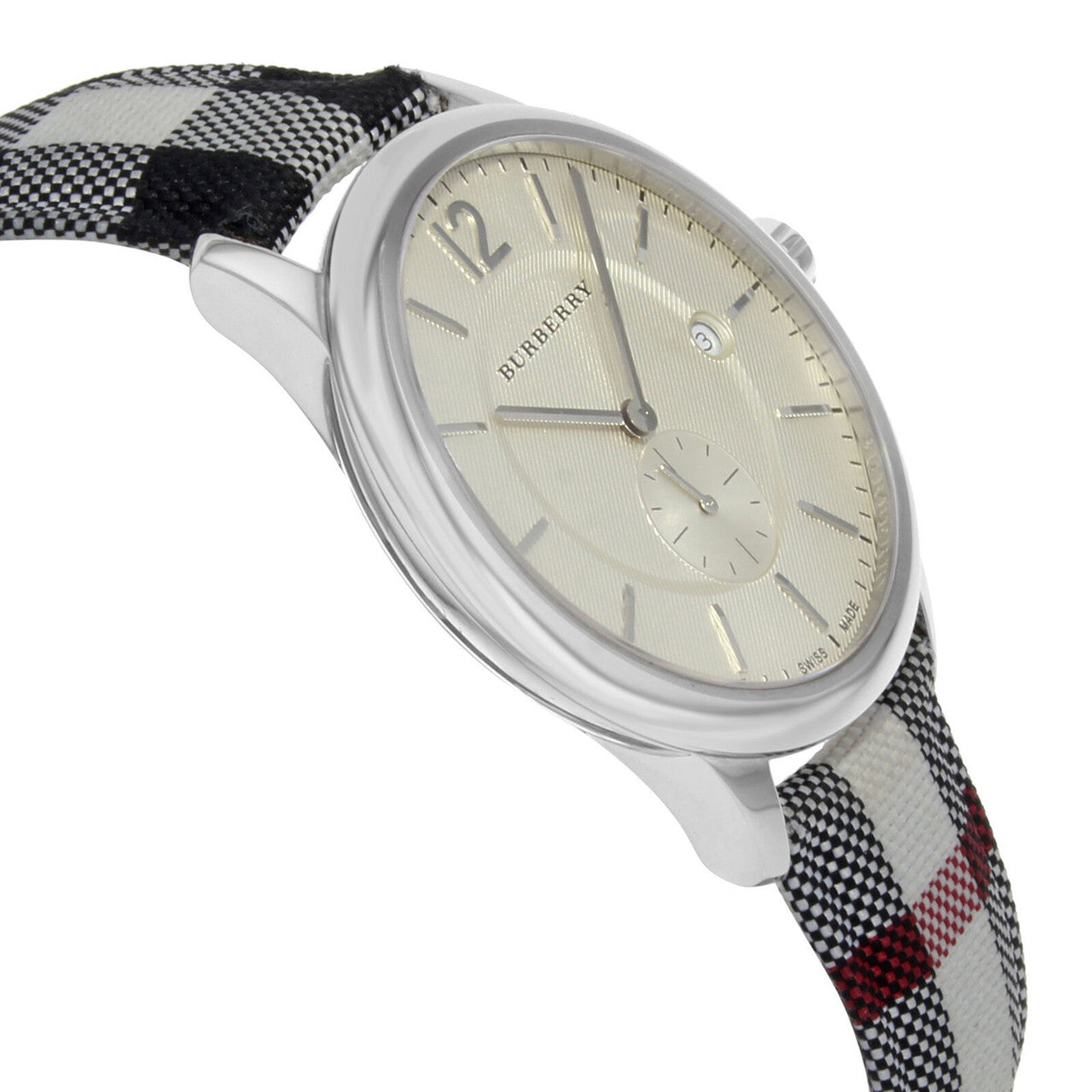 Three-quarter view of Burberry Classic Horseferry watch showing silver case and dial detail