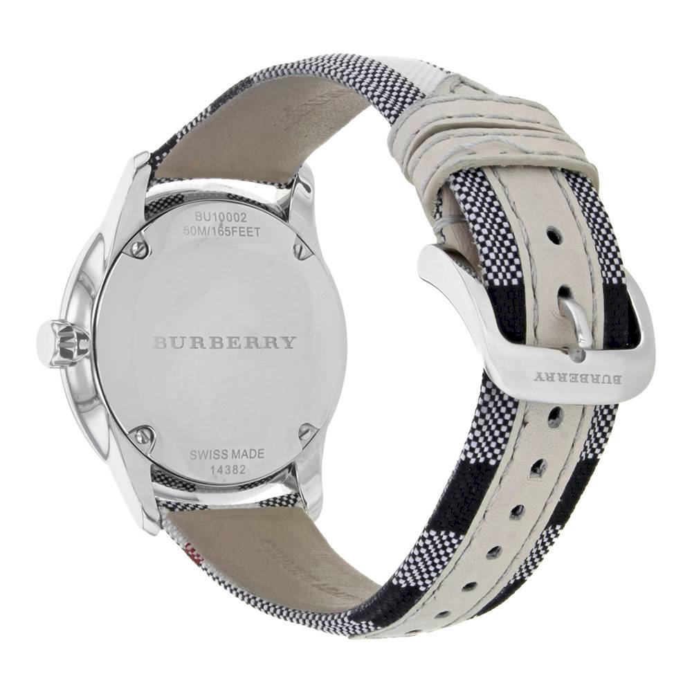Caseback of Burberry Classic Horseferry BU10002 showing Swiss made movement and Horseferry strap