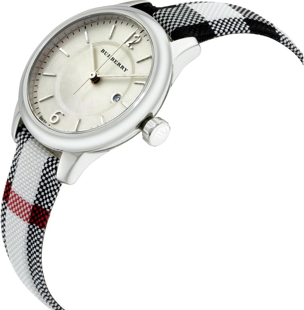 Burberry Classic Horseferry watch angle view showing silver case and check pattern strap