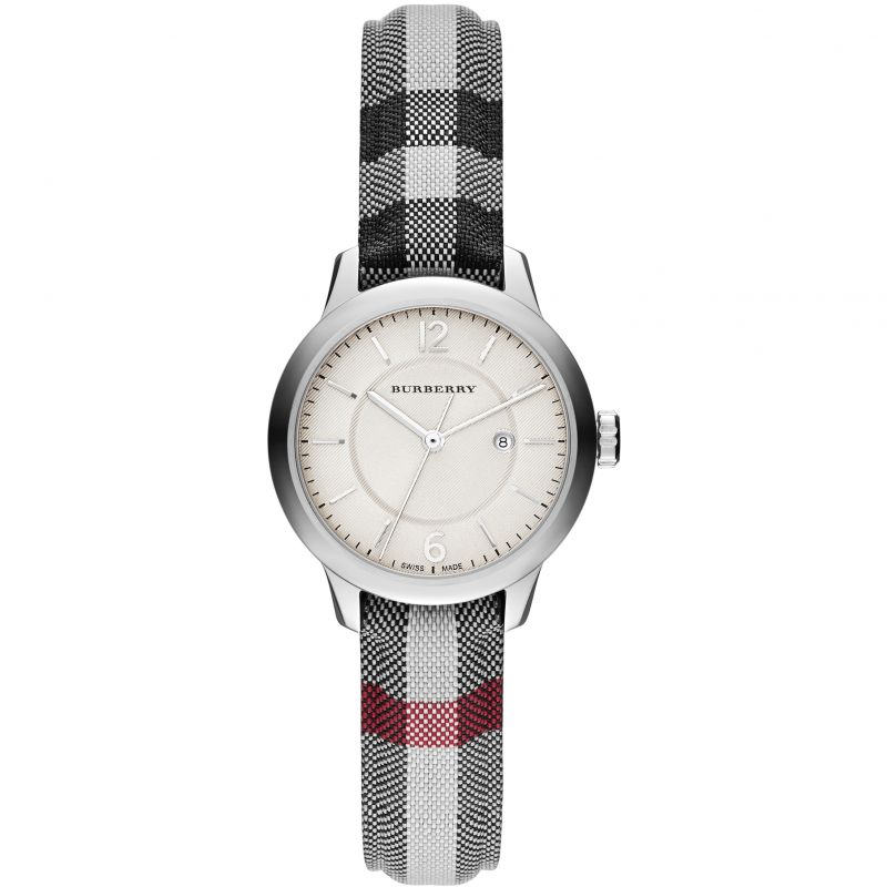 Burberry Classic Horseferry silver women's watch with black and white check strap