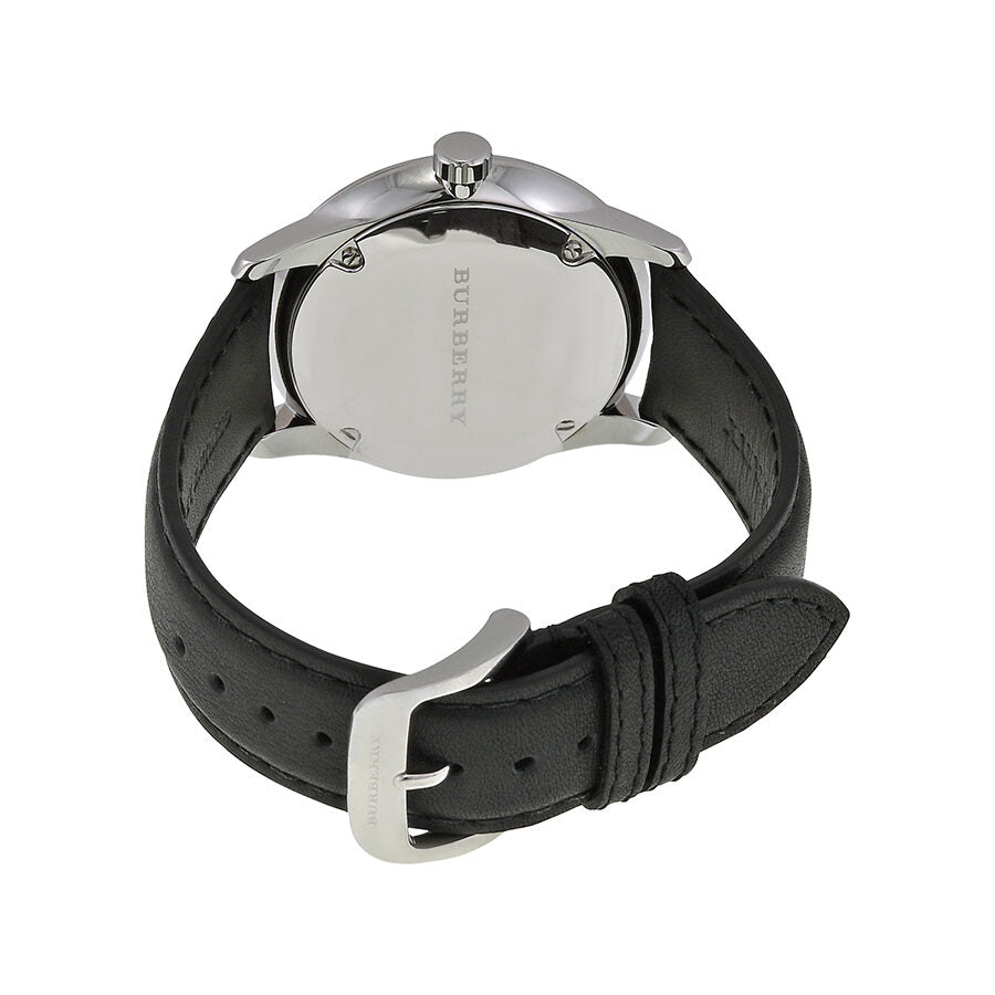 Burberry Classic Round watch caseback showing stainless steel with engraved branding and black leather strap