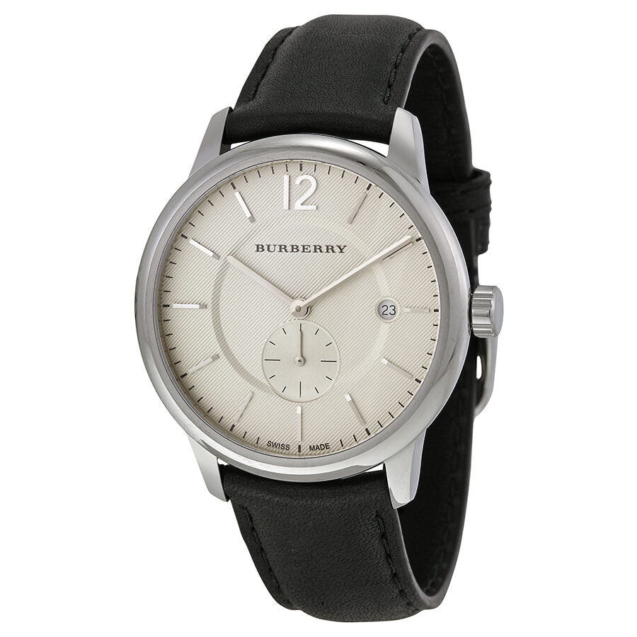 Burberry Classic Round men's watch with beige dial, stainless steel case, and black leather strap