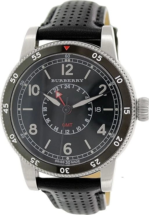 Burberry GMT watch at angle showing black dial with GMT ring and luminous hands
