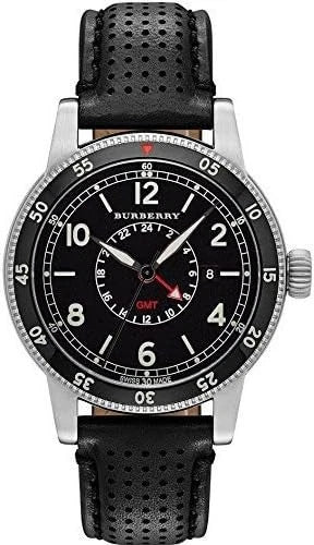 Burberry GMT watch with black dial, 42mm case, silver bezel, and perforated black strap