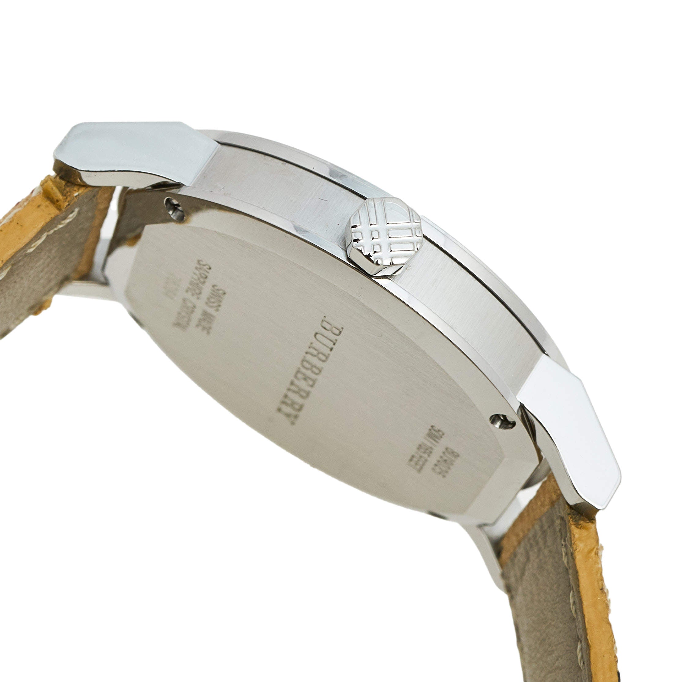 Burberry Haymarket Check watch side view displaying caseback and check strap detail