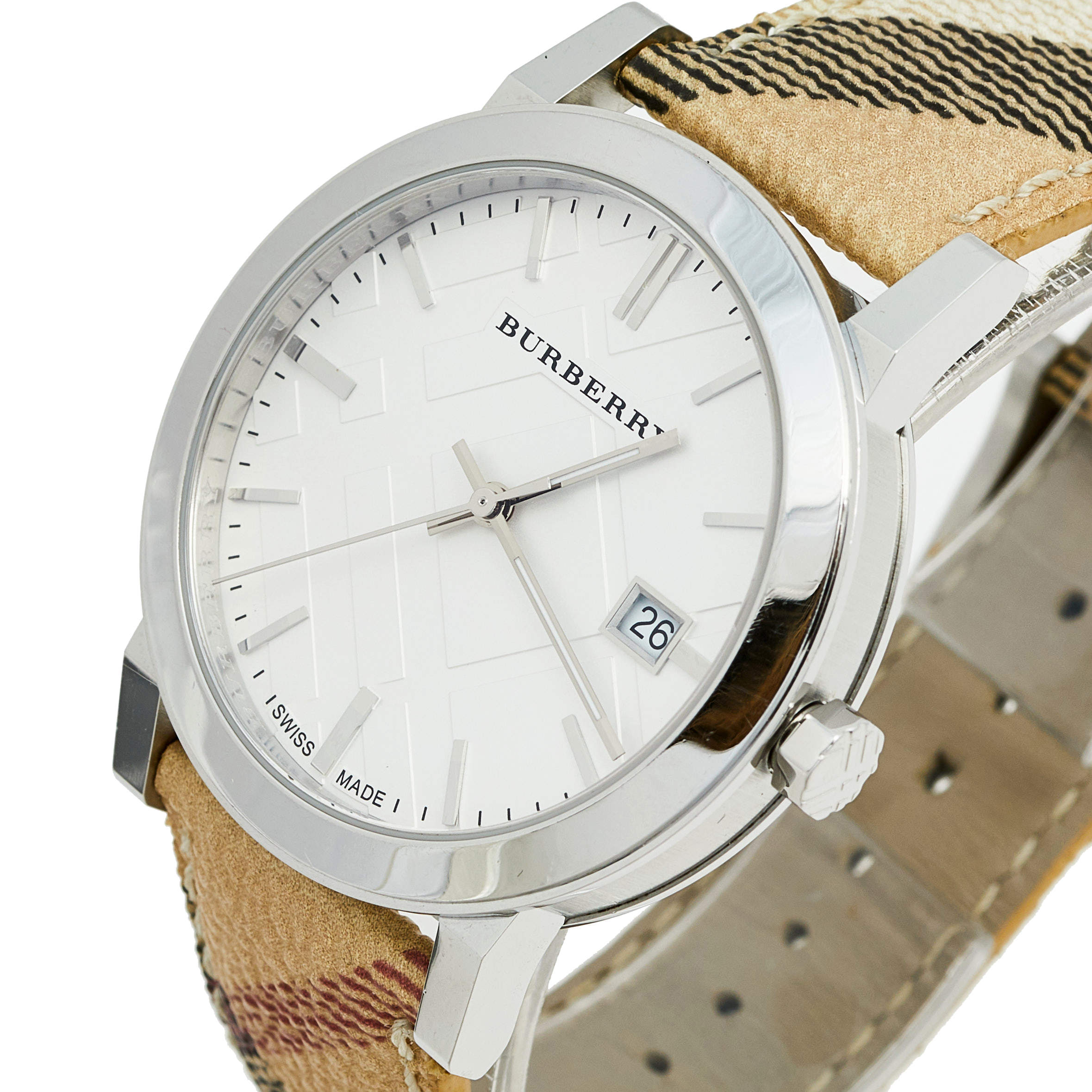 Burberry Haymarket Check watch angled view showing signature check strap pattern and white dial face