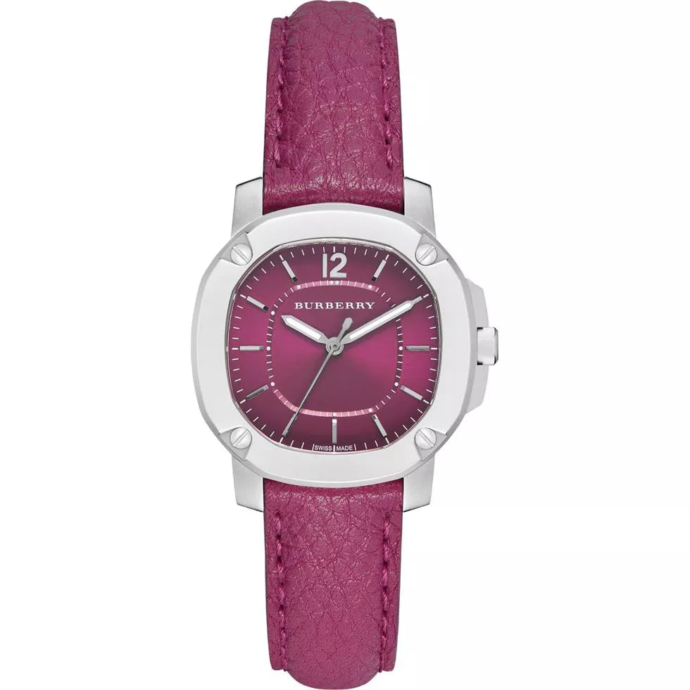 Burberry The Britain watch with brushed silver case, magenta pink dial, and pink leather strap
