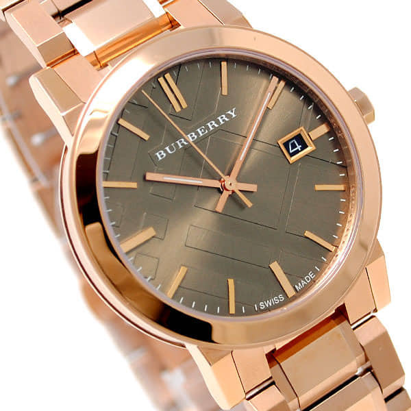 Burberry The City BU9005 side angle view showing rose gold case and bracelet