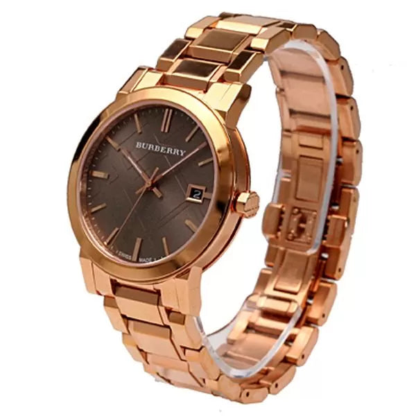 Burberry The City BU9005 rose gold watch on wrist with sunray brown dial