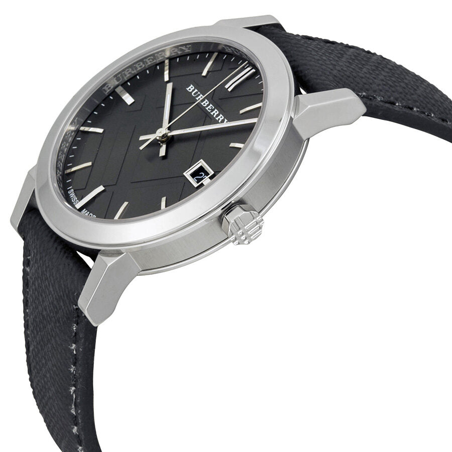 Burberry The City watch angled side view showing grey dial, stainless steel case, and black strap