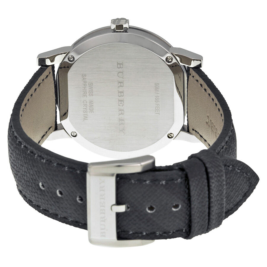 Burberry The City watch caseback showing stainless steel with engraved branding and black strap