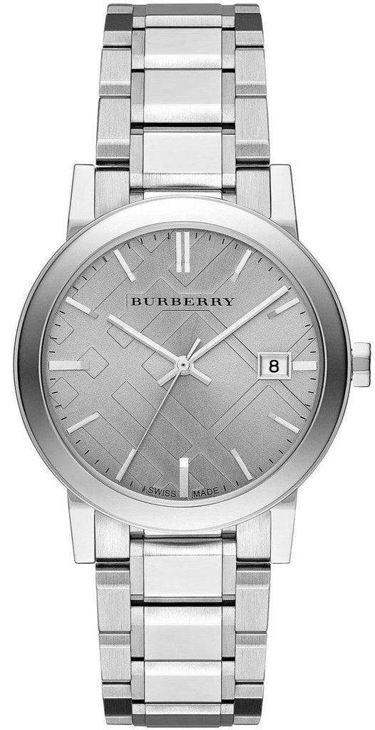Burberry The City BU9035 unisex watch with silver check-stamped dial and stainless steel bracelet