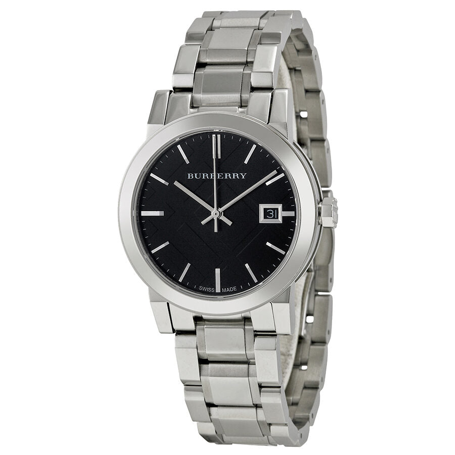 Burberry The City women's watch black check dial, silver stainless steel case and three-link bracelet with date window