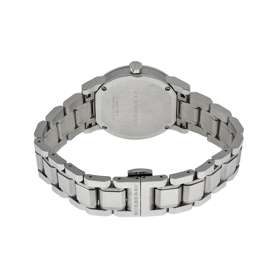 Burberry The City women's watch caseback showing stainless steel back and bracelet clasp