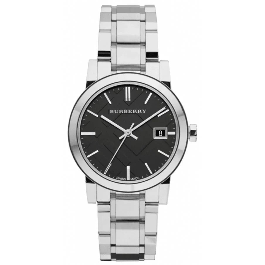 Burberry The City women's watch with black check stamped dial and silver stainless steel case and bracelet