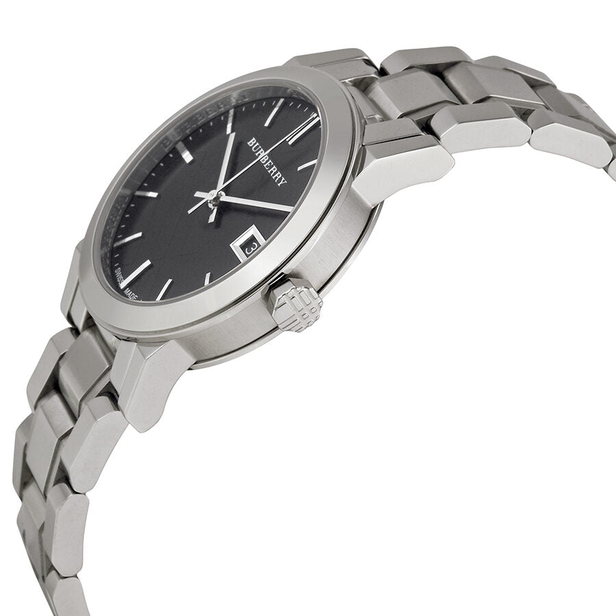 Burberry The City women's watch side view showing silver stainless steel case, crown, and bracelet