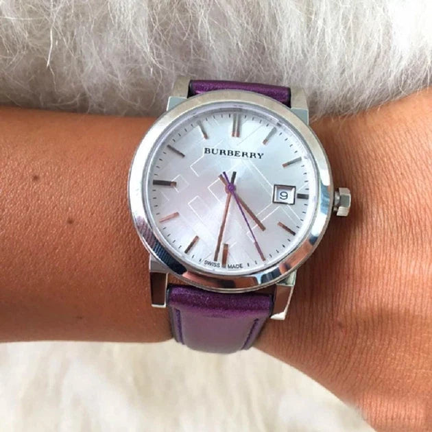 BURBERRY The City BU9122 women's watch worn on wrist with purple leather strap