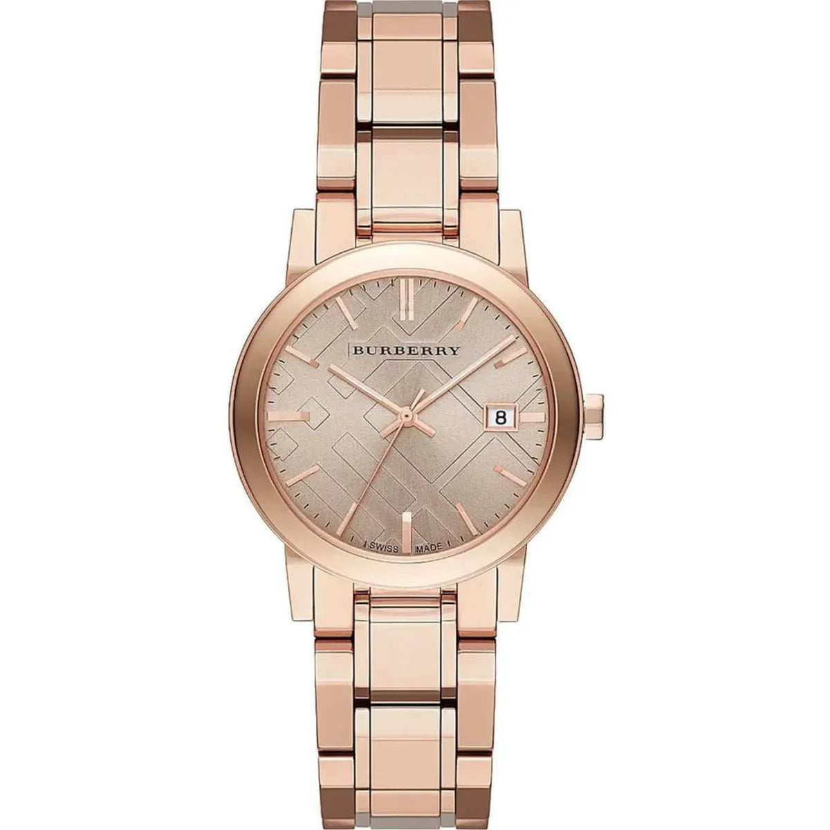 Burberry The City BU9135 women's watch angled view showing rose gold case and bracelet