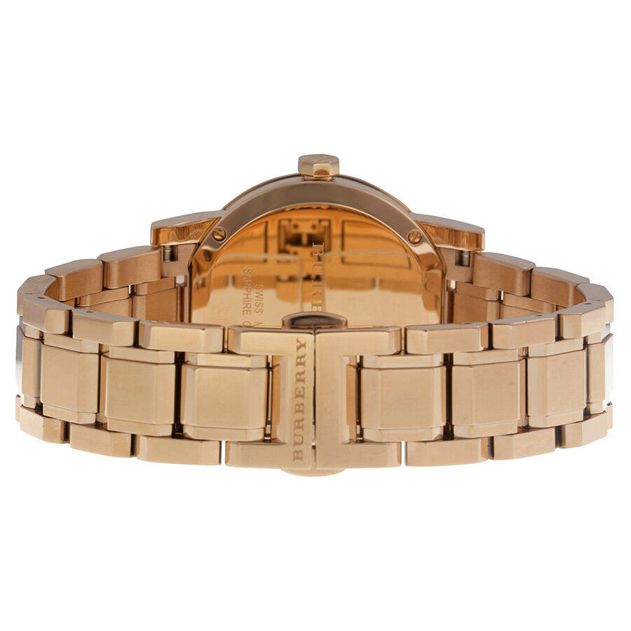 Burberry The City BU9135 women's watch caseback showing rose gold stainless steel construction