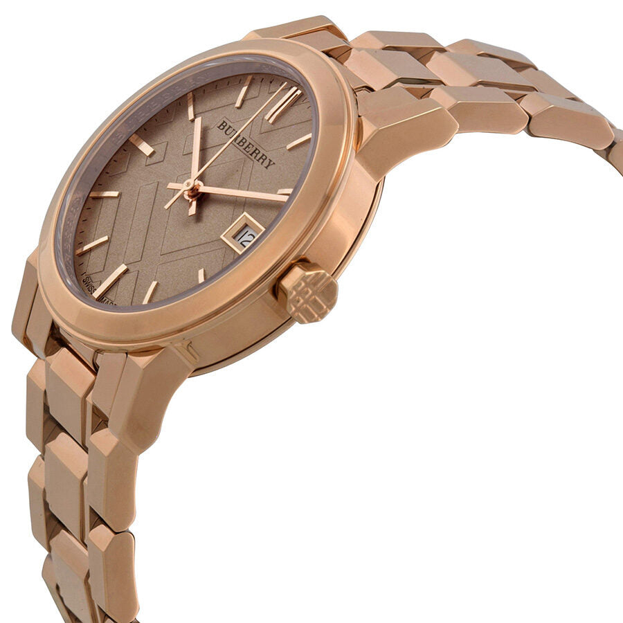 Burberry The City BU9135 women's watch side view with rose gold stainless steel bracelet