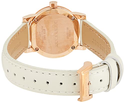 Burberry The City caseback showing rose gold case with white leather strap detail