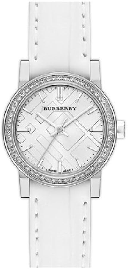 Burberry The City women's watch with white dial, diamond bezel, and white leather strap