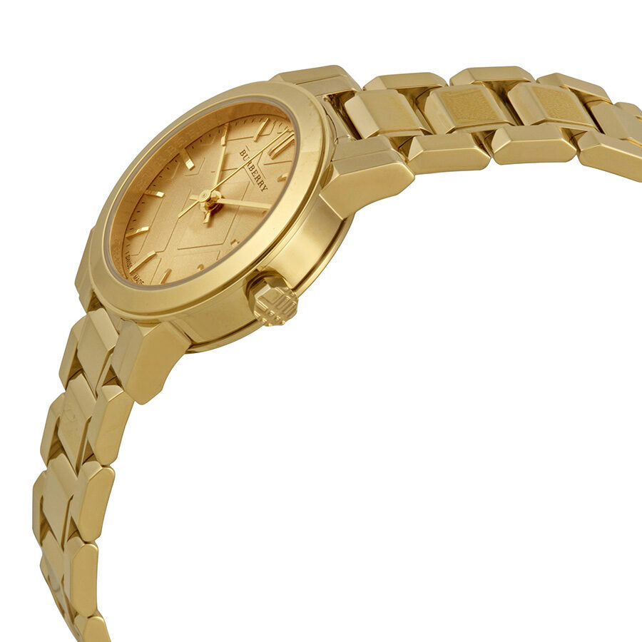 Side profile of Burberry The City BU9227 gold-tone watch with champagne dial