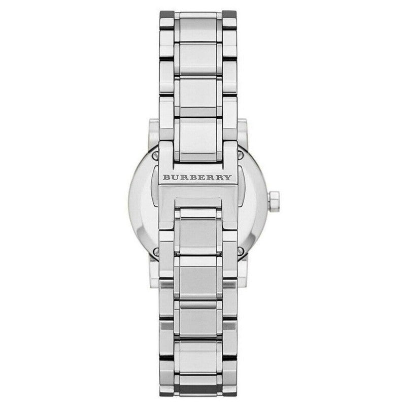 Back view of Burberry The City BU9231 watch showing stainless steel case back and bracelet