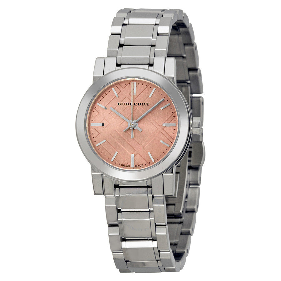 Burberry The City pink dial stainless steel ladies watch with check pattern dial and silver bracelet