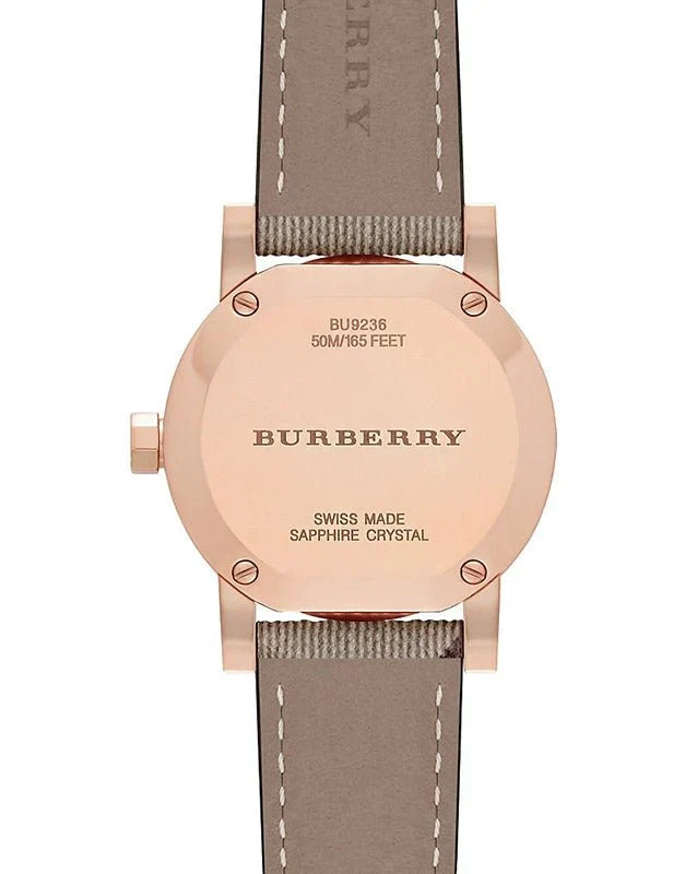 Rose gold case back showing BU9236, 50M/165 FEET, Burberry, Swiss Made, Sapphire Crystal