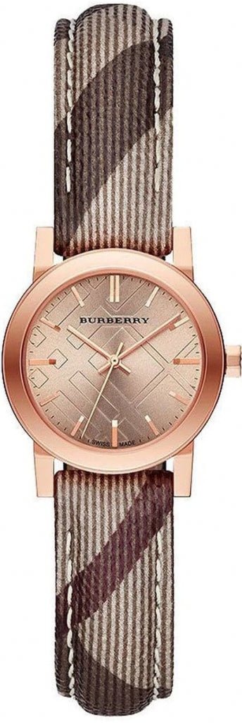 Burberry The City women's watch with rose gold dial and brown striped leather strap