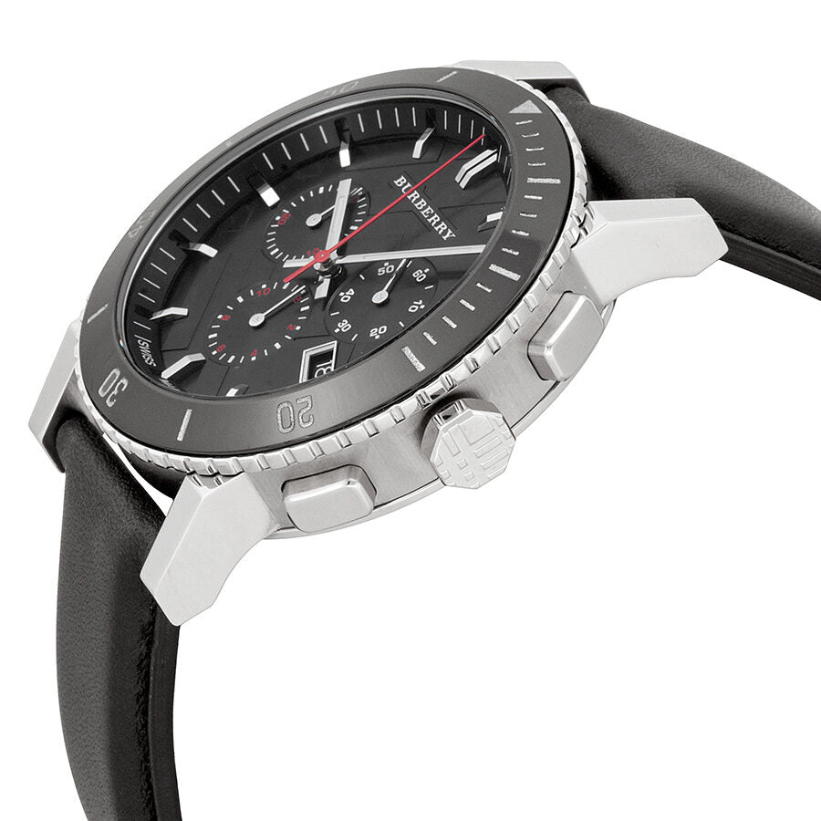 Burberry The City chronograph watch angle view showing dial and strap