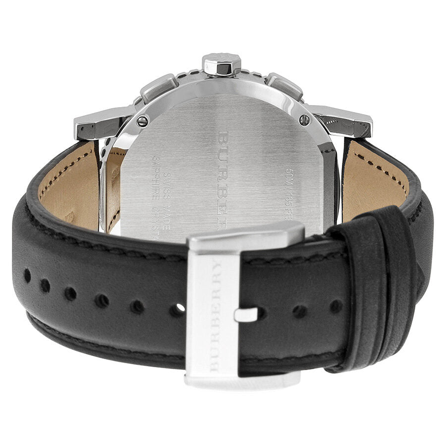 Burberry The City watch caseback showing stainless steel case and black leather strap