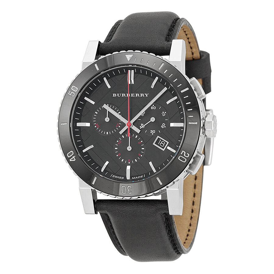 Burberry The City chronograph watch with black dial and black leather strap