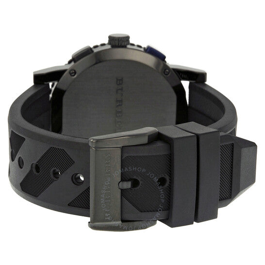 Caseback view of Burberry The City watch showing black rubber strap with Burberry logo pattern