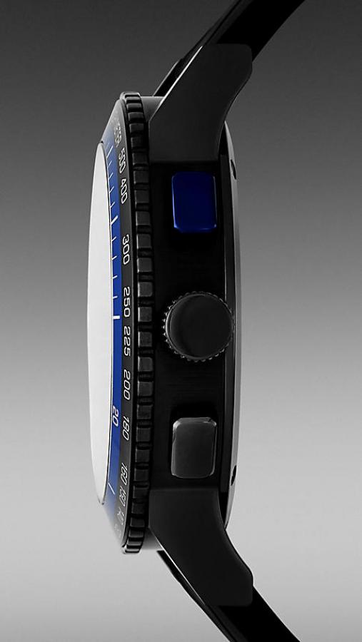 Side profile view showing chronograph pushers and black rubber strap of Burberry The City watch