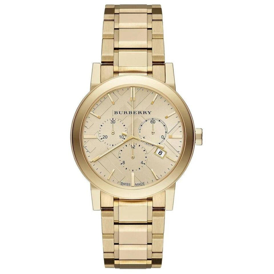 Burberry The City gold chronograph watch with cream dial and gold stainless steel bracelet