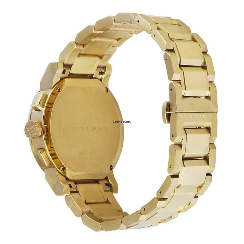 Side view of Burberry City gold stainless steel watch with chronograph case