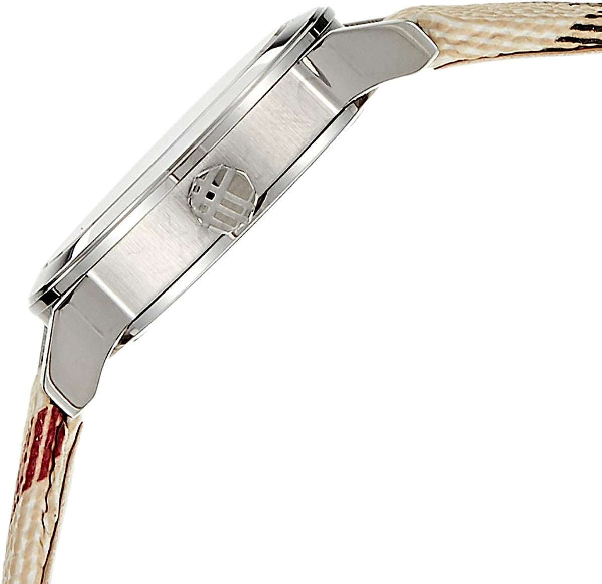 Side view of silver stainless steel watch case with brushed caseback and patterned leather strap