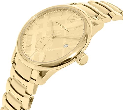 Side angle view of Burberry The Classic watch showing gold case and bracelet profile