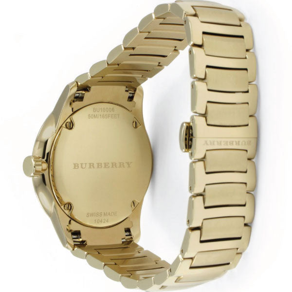 Caseback of Burberry The Classic watch revealing stainless steel case and bracelet