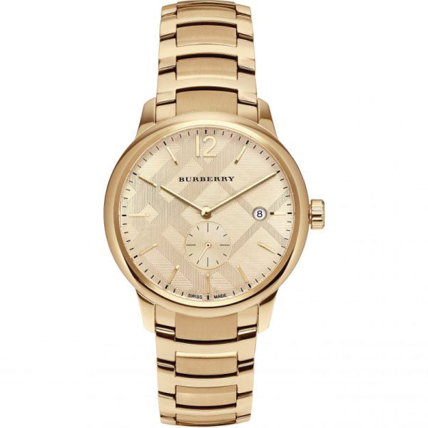 Front view of Burberry The Classic watch featuring gold dial with applied indices and date window