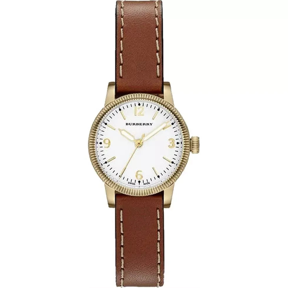 Burberry The Utilitarian women's watch with white dial, gold-tone case, and brown leather strap