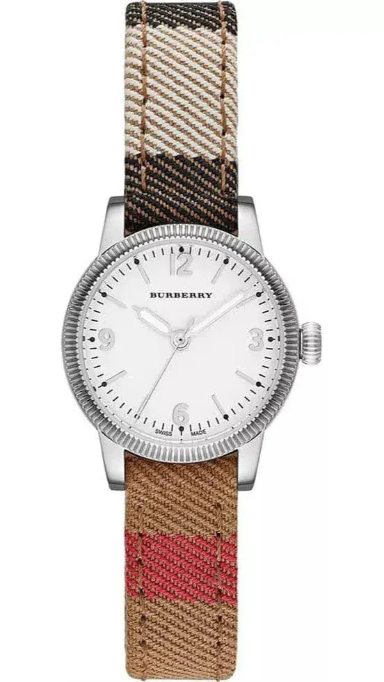 Burberry The Utilitarian 30mm women's watch with white dial, silver-tone case, and multicolor striped leather strap
