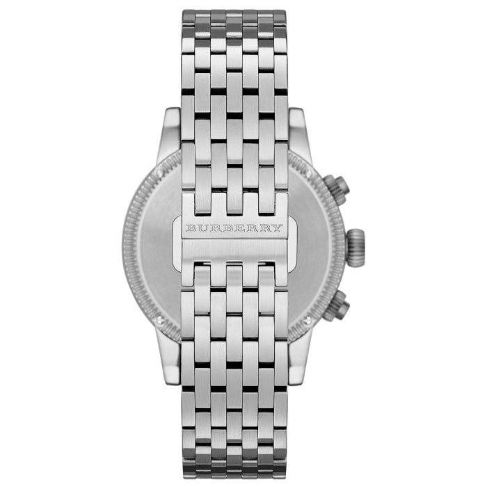 Burberry Utilitarian chronograph watch caseback and stainless steel bracelet, rear view