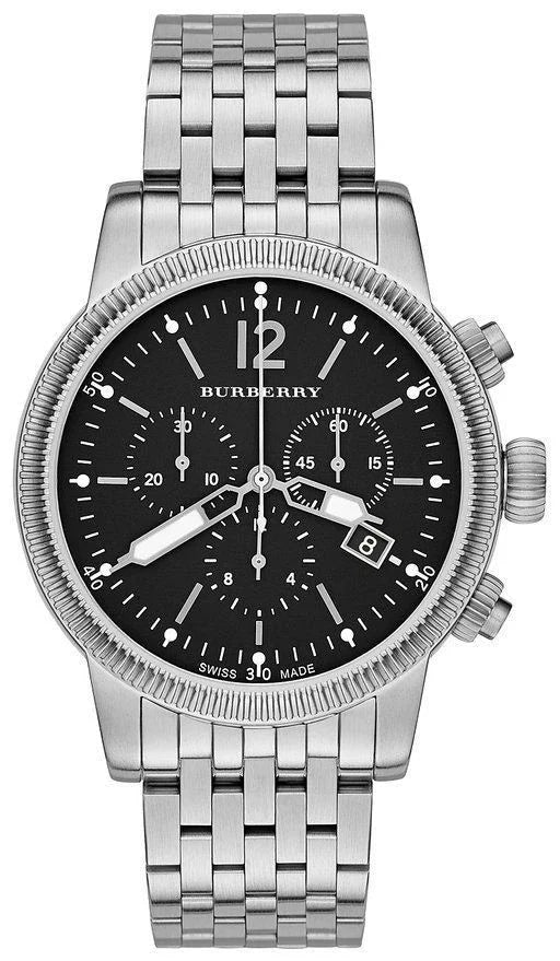 Burberry Utilitarian chronograph watch with black dial and stainless steel bracelet, front view