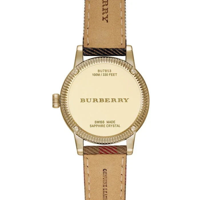 Burberry Utilitarian BU7853 caseback detail showing model number, water resistance, and sapphire crystal