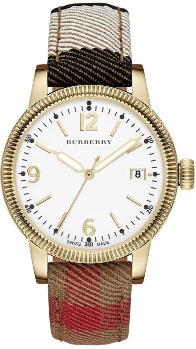 Burberry Utilitarian BU7853 women's watch with white dial, gold bezel, and multicolor leather strap